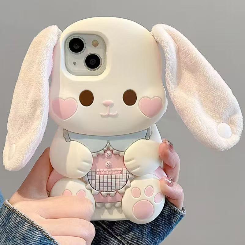 3DมือถือPlushหูใหญ่กระต่ายเคสโทรศัพท์สําหรับiPhone 17 16 15 14 13 12 11 Pro Max X Xr Xs Max 7 8 Plus Insน่ารักการ์ตูนซิลิโคนอ่อนนุ่มกันกระแทกปลอก