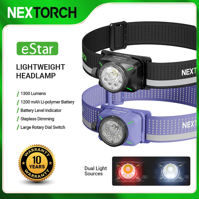 NEXTORCH eStar Headlamp 1300 ลูเมน ไฟชาร์จไฟอเนกประสงค์กลางแจ้งน้ําหนักเบาเป็นพิเศษ แบตเตอรี่ AAA