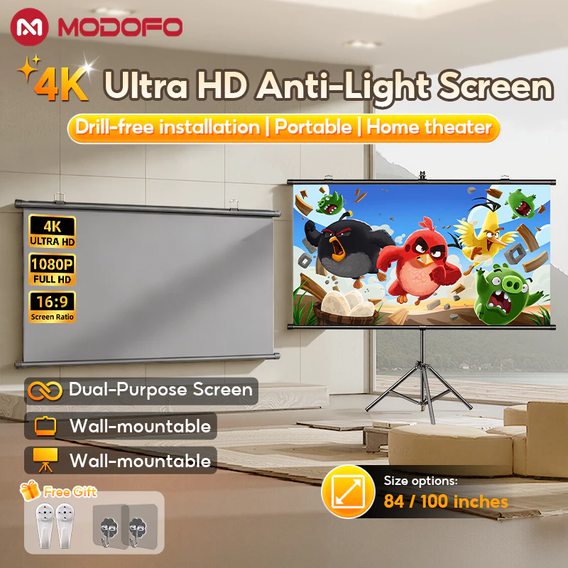 MODOFO จอโปรเจคเตอร์ 4K Projector Screen รองรับการฉายภาพ 3D พับได้ เหมาะสําหรับใช้ ในบ้าน สํานักงาน กลางแจ้ง