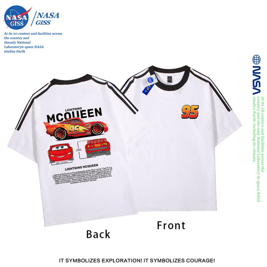 NASA เสื้อยืดสามแถบชายหญิง oversize แขนสั้น สไตล์ลำลอง summer ไลท์นิ่ง แม็คควีน พิมพ์ลาย คอตตอน100% คอกลม หลวมและระบายอากาศ