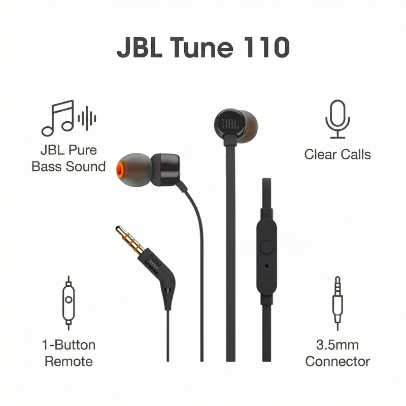 JBL Tune110 หูฟังแบบมีสาย Tangle-Free Flat Cable 3.5 มม. หูฟัง Aux