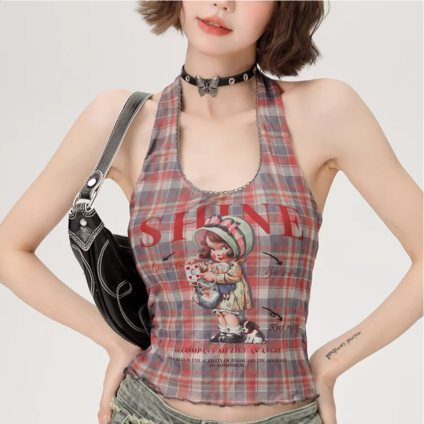 Slim-fit halterneck top สีอินเทรนด์ลายสก๊อต สำหรับสวมใส่ในฤดูร้อน