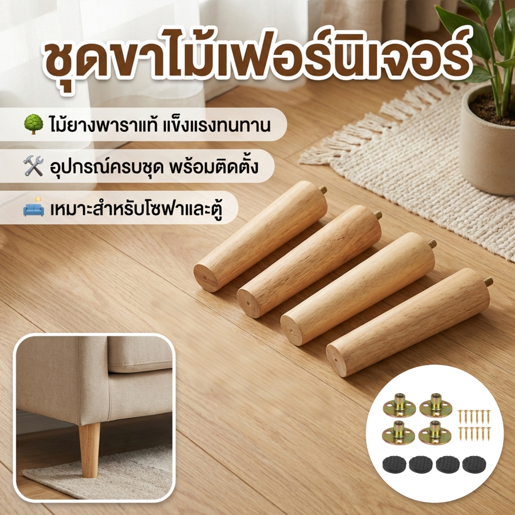 ขาเฟอร์นิเจอร์ไม้ 4 ชิ้น สูง 8/15/20cm ขาโต๊ะ ขาโซฟา ขาตู้ ทรงตรง ทรงเฉียง ขาไม้แท้ DIY Furniture Legs