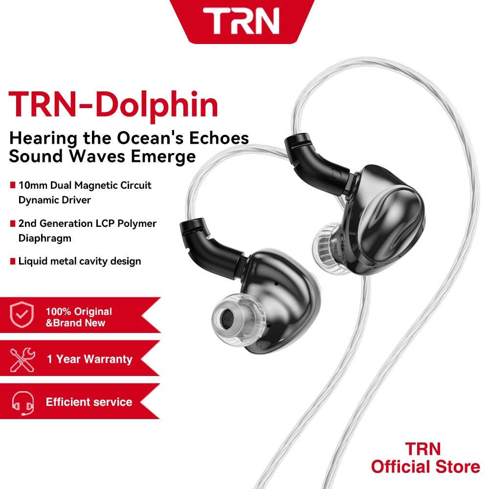 TRN Dolphin Liquid โลหะ LCP ไดอะแฟรมเปลี่ยนสาย HiFi หูฟังชนิดใส่ในหู, 10 มม. Dual Magnetic Dynamic Driver, Silver-Plated สาย Over-Ear Design สําหรับทุกวัน/กีฬา