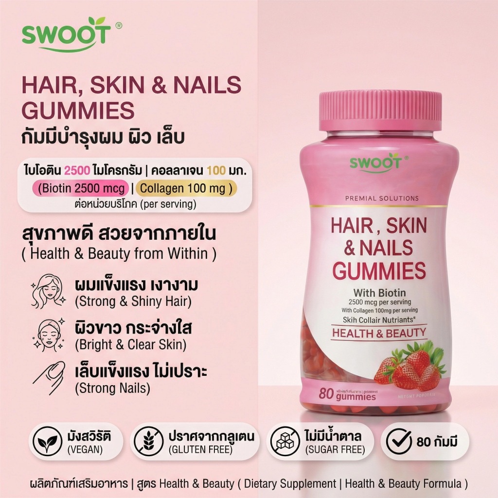 ฮาลาล FDA Certified Vitamin C E Biotin Gummies 80pcs สตรอเบอร์รี่มังสวิรัติสําหรับผมผิวเล็บไวท์เทนนิ