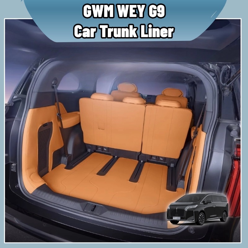 GWM WEY G9 แผ่นรองกระโปรงท้าย 6D/7D หนังNappa ดำ/ส้ม ครอบเต็ม ติดเวลโคร กันรอย ล้างง่าย ตรงรุ่น อุปกรณ์ภายใน