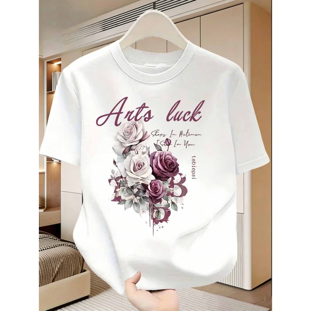 เสื้อยืดขนาดใหญ่สําหรับผู้หญิง ทำจากผ้าฝ้ายคุณภาพดี ออกแบบกราฟิคลวดลายดอกไม้สีดัสตี้розовый เหมาะสำหรับสวมใส่ในโอกาสต่างๆ และให้ความรู้สึกโรแมนติก