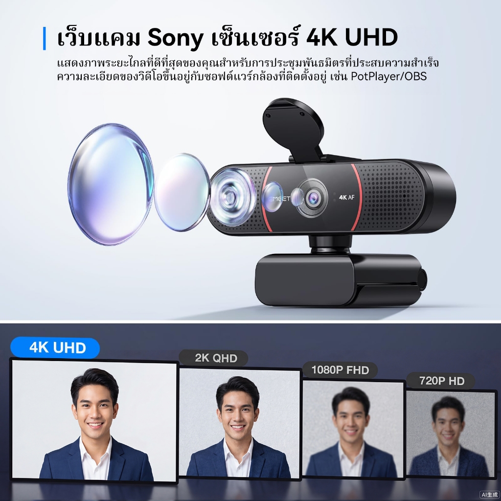 EMEET C960 เว็บแคม 4K สําหรับพีซี, เซ็นเซอร์ 4K UHD Sony, โฟกัสอัตโนมัติ PDAF, ไมโครโฟนตัดเสียงรบกวน AI คู่, การแก้ไขแสงอัตโนมัติ, 73° FOV, เว็บแคม Plug&Play พร้อมฝาครอบความเป็นส่วนตัว, ทํางานพร้อมซูม/ทีม ราคา ถูกที่สุด ดีลบีเคเค แกลเลอรีภาพที่ 3