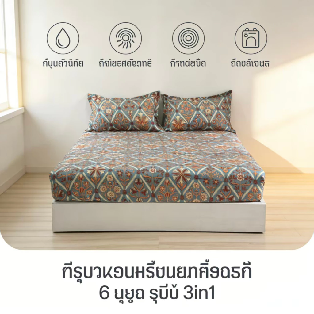 ชุดผ้าปูเตียง 3 ชิ้น ลายกระเบื้องเรขาคณิต 3ฟุต 3.5ฟุต 5ฟุต 6ฟุต
