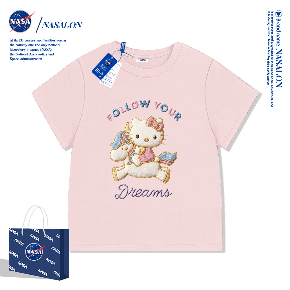 NASA เสื้อยืดเด็ก ลายการ์ตูน Hello Kitty เสื้อแขนสั้นเด็กผู้หญิง ผ้าฝ้าย 100% ระบายอากาศดี คุณภาพดี