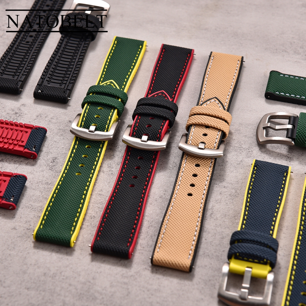 18 มม.20 มม.22 มม.24 มม.สากล FKM สายยางกันน้ํา Quick Release Leatehr สายนาฬิกา Sailcloth สร้อยข้อมือหนังผู้หญิงผู้ชายนาฬิกาอุปกรณ์เสริม