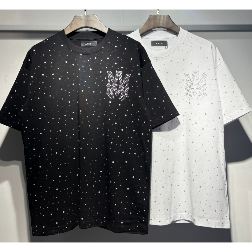 แฟชั่น AMIRI เส้นด้าย rhinestone ตัวอักษรเม็ดเงินประกายเสื้อยืดแขนสั้นผ้าฝ้ายแท้