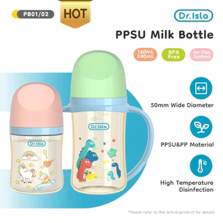 Drisla ขวดนมเด็ก PPSU 5oz/8oz ขวดนมคอกว้างสีชา ป้องกันอากาศเข้า กันสำลัก foodgrade（8oz+ที่จับ）PB01