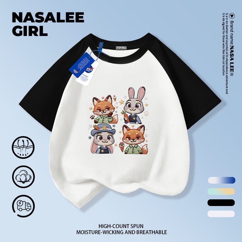 ส่งของในวันเดียวกัน เสื้อยืดผ้าฝ้ายเด็ก NASA สีขาวดำ แขตัด ลายสุนัขจิ้งจอกและกระต่าย น่ารักมาก อายุ 3-16 ปี ราคา ถูกที่สุด ดีลบีเคเค