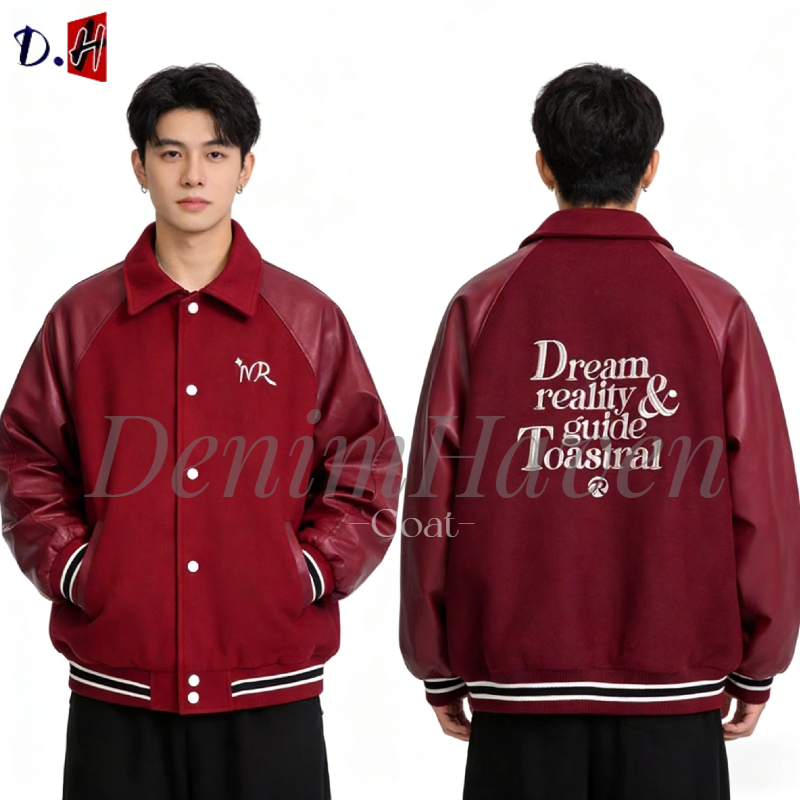 🔥D.H🔥 แจ็คเก็ตผู้ชาย เสื้อแจ็คเก็ตเบสบอล สไตล์เรโทรอเมริกัน สีแดง แต่งหนัง PU ลายต่อ ดีไซน์สไตล์มอเตอร์ไซค์ มีดีไซน์ ทันสมัย ใส่ได้หลายโอกาส เสื้อคู่รัก