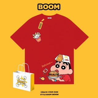 BOOM เสื้อยืดชายหญิงแขนสั้น สีขาว เสื้อยืดแขนสั้น ลายการ์ตูนเครยอนชินจัง ผ้าฝ้าย 100% ระบายอากาศดี เหมาะสำหรับเยาวชน