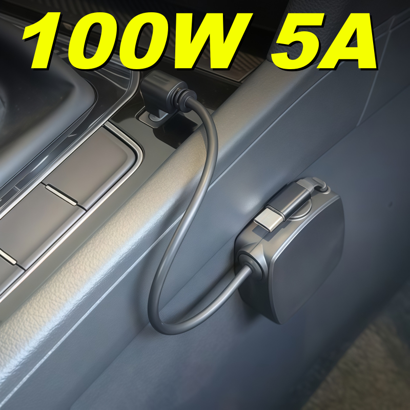 100W 5A Fast Charging For BYD Dolphin Backseat สายชาร์จในรถยนต์ขนาดกะทัดรัด  หดอัตโนมัติ  ความยาว70ซม  รองรับการชาร์จเร็ว USB และ PD 65W