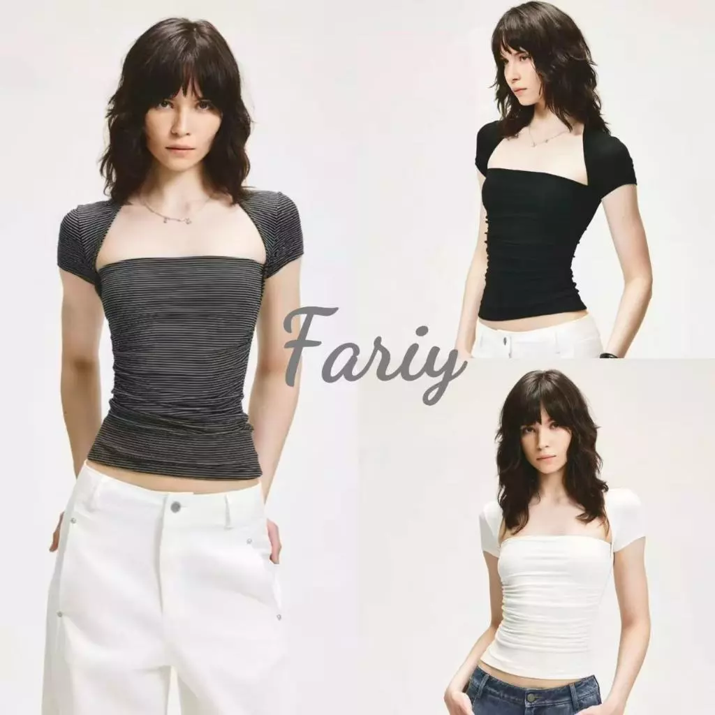 Fariy🍒คลังสินค้าพร้อม🍒 เสื้อยืดแขนสั้นคอเหลี่ยมลายทางทรงเข้ารูปสำหรับผู้หญิง สไตล์ลำลองฤดูร้อนแบบอเมริกัน