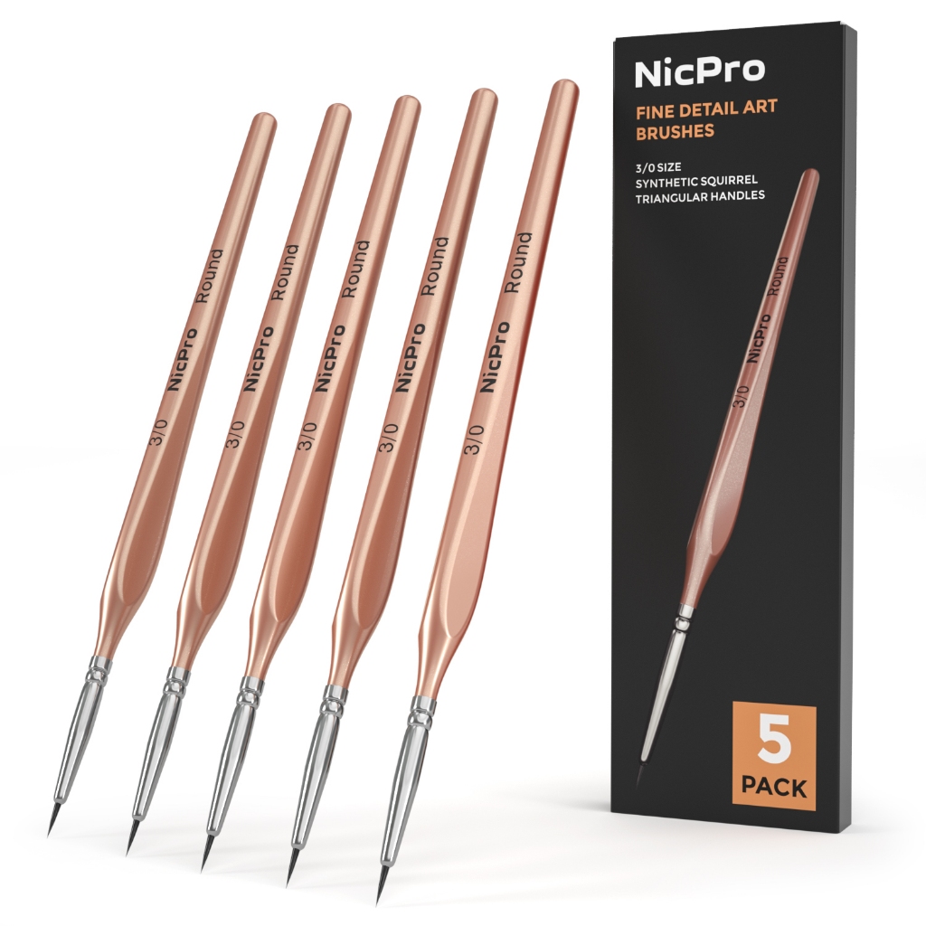 Nicpro รายละเอียดแปรงทาสี 5 ชิ้นความงาม Extra Fine Tip 000 Professional Miniature ภาพวาดศิลปินชุดรอบ 3/0 สําหรับ Micro สีน้ําน้ํามันอะคริลิคหัตถกรรมรุ่น Rock Army Paint โดย