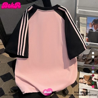 【จัดส่งตลอด24ชั่วโมง】🔥BCKRลายสามแถบ ตัดสี เสื้อผญ เสื้อ🩷การ์ตูน ลายตัวละคร oversize คอกลม เสื้YG4497