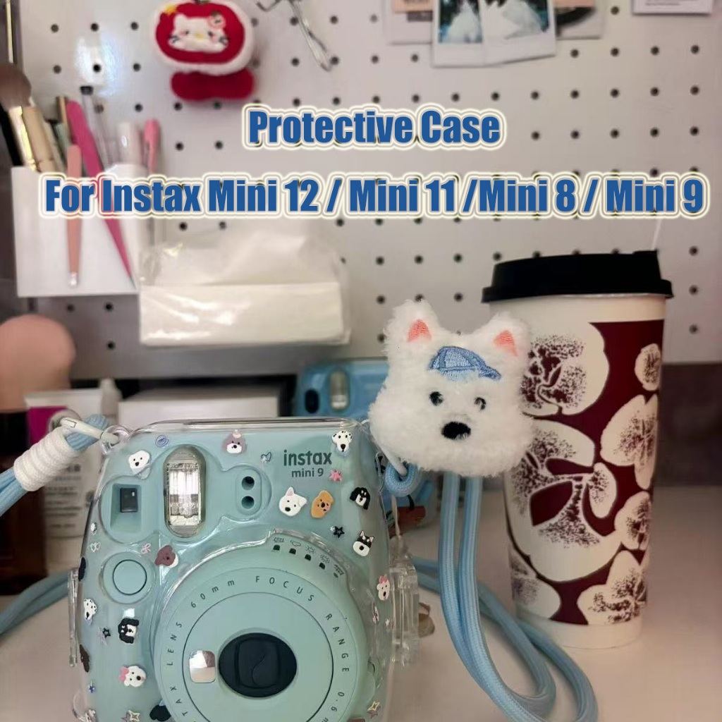 น่ารักลูกสุนัขกล้องป้องกันกรณีสําหรับ Instax มินิ 12 / มินิ 11 /มินิ 8/9 เคสใส + สายรัด + สติกเกอร์