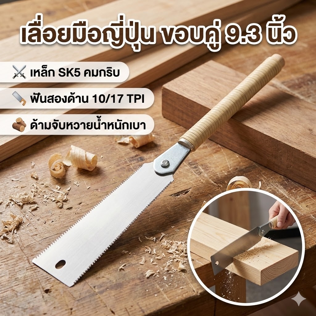 เลื่อยมือญี่ปุ่น 9.3 นิ้ว SK5 เหล็กคาร์บอนสูงเลื่อยมือขอบคู่คมมือดึงเลื่อย 10/17 ทีพีไอ