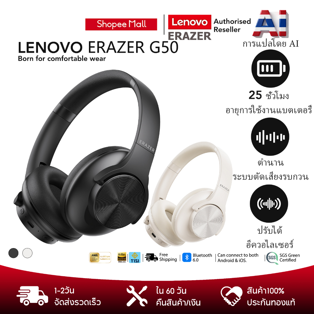 Lenovo ERAZER G50 Bluetooth 5.3 3EQ หูฟังลดเสียงรบกวนหูฟังสําหรับเล่นเกมที่มีความหน่วงต่ําพร้อมหูฟังแบบครอบหู MIC