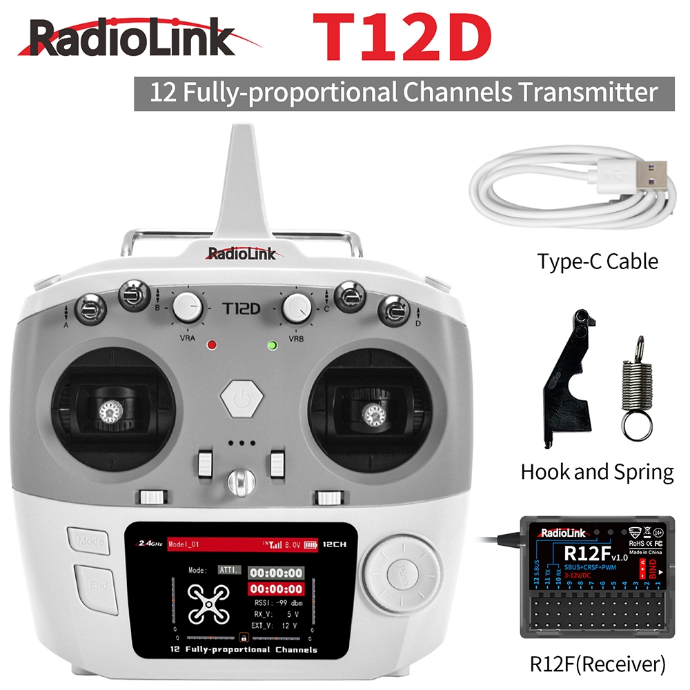 RadioLink T12D 12 ช่อง RC เครื่องส่งสัญญาณ 2200MAH แบตเตอรี่ 2.4GHz พร้อม R12FG ตัวรับสัญญาณรีโมทคอน