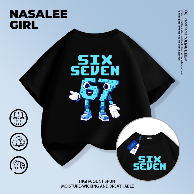 ส่งของในวันเดียวกัน เสื้อยืดผ้าฝ้ายเด็ก NASA สีดำ ลาย sixseven แฟชั่นจากต่างประเทศ ทรงหลวม