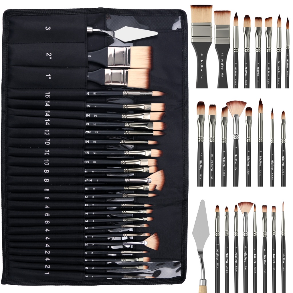 ชุดแปรงทาสี นิคโปร 26 ชิ้น, พู่กันมืออาชีพพร้อมมีดจานสี, แปรงทาสีงานฝีมือสําหรับภาพวาดอะคริลิค, น้ํามัน, สีน้ํา, Gouache & ผ้าใบ, อุปกรณ์วาดภาพและศิลปะสําหรับ
