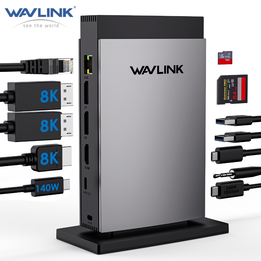 WAVLINK 11 IN 1 USB C MST Docking Station 8K DP/HDMI, 10Gbps USB-C, 2 USB 3.0, RJ45, SD/TF Slot, Aud