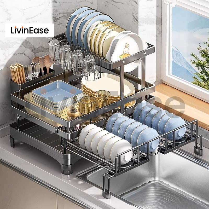 Livinease 2+1 ชั้นขยายชั้นวางจานพร้อมถาดท่อระบายน้ําและที่วางแก้วระบายน้ําอัตโนมัติ