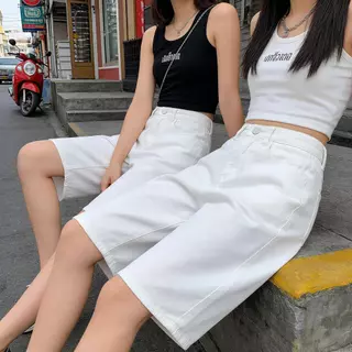 Yalu Jeans กางเกงยีนส์ทรง 5 ส่วน เอวสูง ผ้าไม่ยืด กางเกงขาสั้นสไตล์เกาหลีเอ ดีไซน์ขากว้างทันสมัย