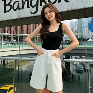 Yalu Jeans กางเกงยีนส์ทรง 5 ส่วน เอวสูง ผ้าไม่ยืด กางเกงขาสั้นสไตล์เกาหลีเอ ดีไซน์ขากว้างทันสมัย