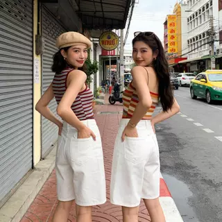 Yalu Jeans กางเกงยีนส์ทรง 5 ส่วน เอวสูง ผ้าไม่ยืด กางเกงขาสั้นสไตล์เกาหลีเอ ดีไซน์ขากว้างทันสมัย