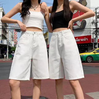 Yalu Jeans กางเกงยีนส์ทรง 5 ส่วน เอวสูง ผ้าไม่ยืด กางเกงขาสั้นสไตล์เกาหลีเอ ดีไซน์ขากว้างทันสมัย