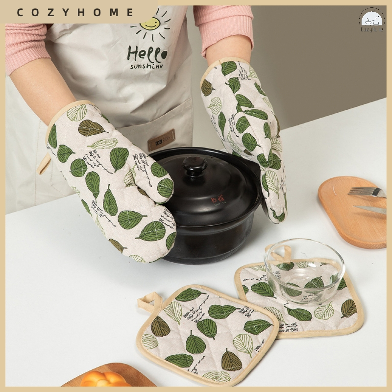 [สต๊อกพร้อม] COZYHOME ถุงมือเตาอบหนาสองด้านผ้าฝ้ายเทียมผ้าลินิน Quilting Anti-Scalding Baking ทําอาหารถุงมือไมโครเวฟ
