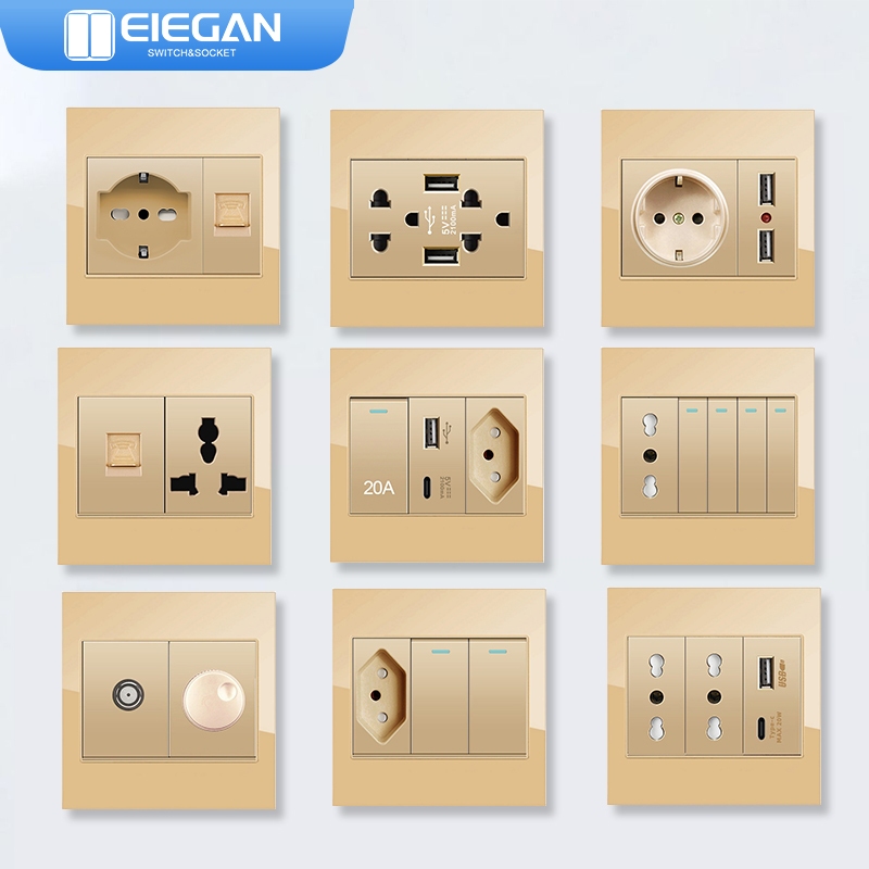 ELEGAN 86 วัสดุซ็อกเก็ตสวิตช์ติดผนังกระจกนิรภัย G18 สีทอง USB TYPE-C