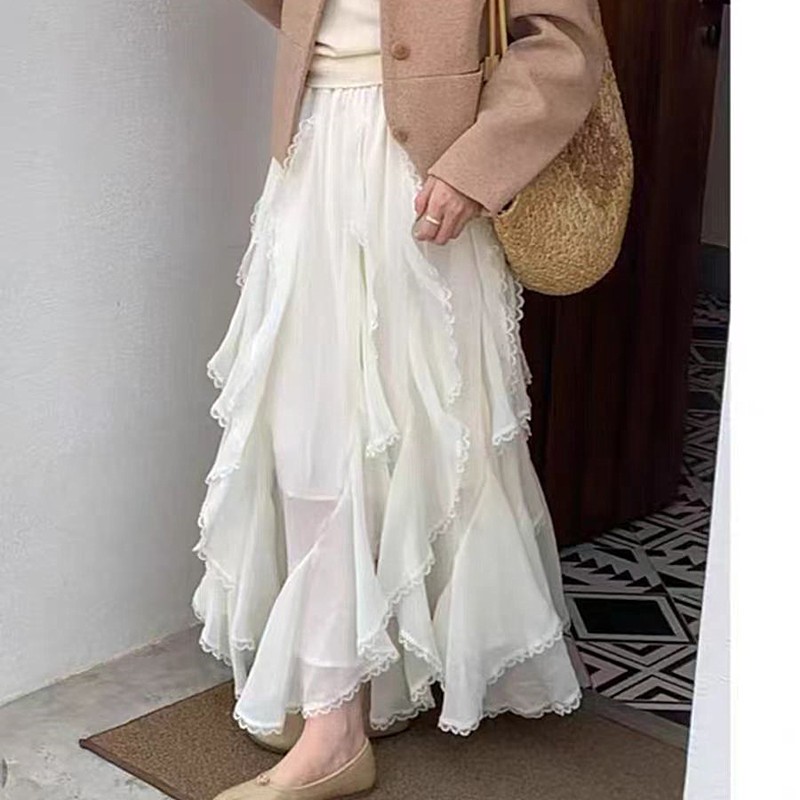 กระโปรงเอวยางยืดจากผ้ากอซ ทรง A-line พิมพ์ลายพอง Layered Ruffled ดีไซน์ใหม่ พร้อมฟีเจอร์ลดความหนาแน่นท้อง