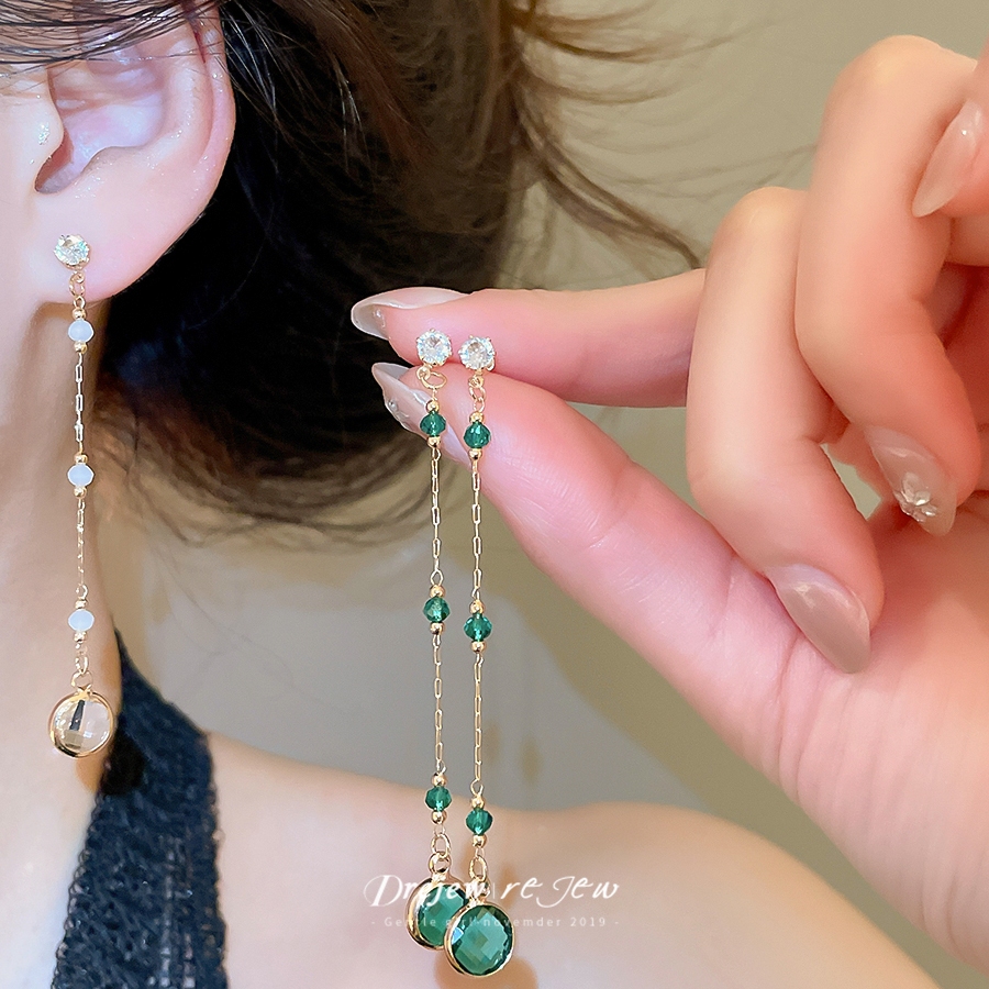 ต่างหูห้อยยาวสำหรับผู้หญิง สีเขียวและสีทอง ออกแบบเรียบหรู เหมาะสวมใส่ทุกวัน