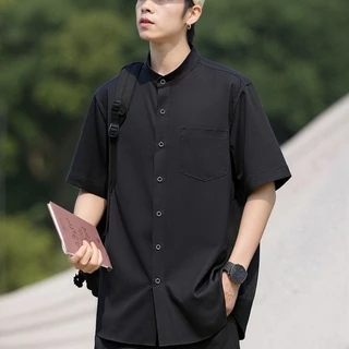 Yooka เสื้อเชิ้ตแขนสั้นผู้ชาย สีพื้น T-SHIRT ขนาด:S-2XL SLIM FIT คอจีน ธุรกิจ เสื้อกระดุม Open Collar Clothing วัสดุผ้าลินิน ระบายอากาศได้สบาย หลากหลายสีให้เลือก