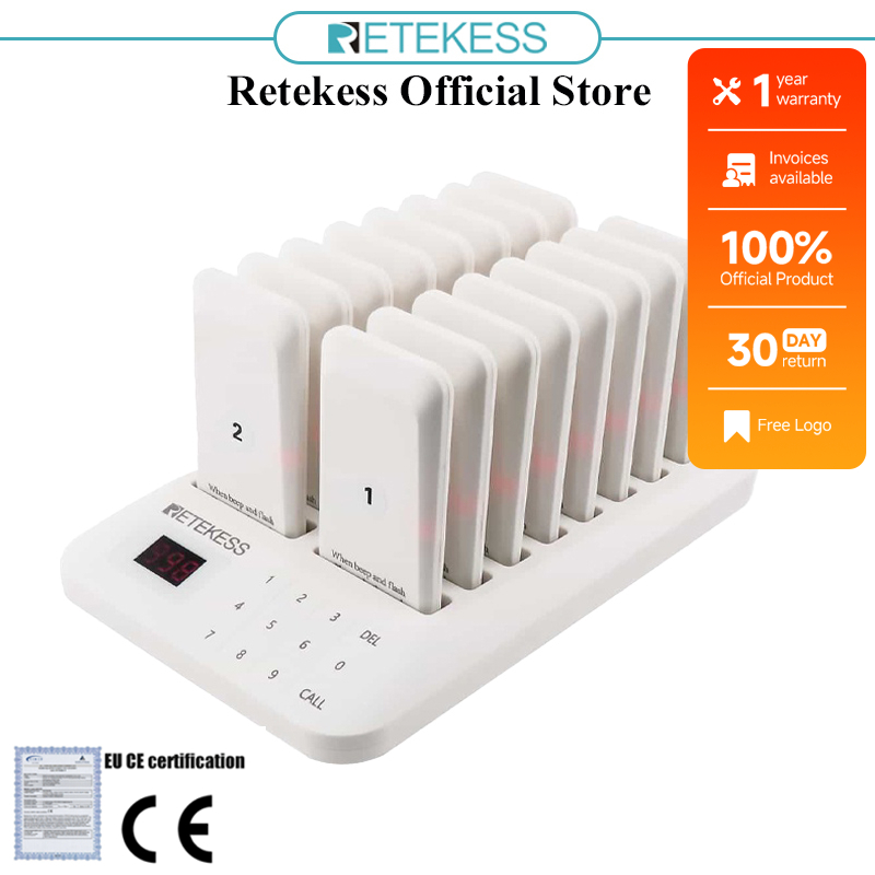 Retekess TD157 ระบบเรียกคิว เพจเจอร์เรียกคิว แบบไร้สาย ระบบเรียกคิว เครื่องเรียกคิวไร้สาย 1-99 ปุ่มกดระบบสัมผัส สำหรับร้านอาหาร 16 เครื่อง