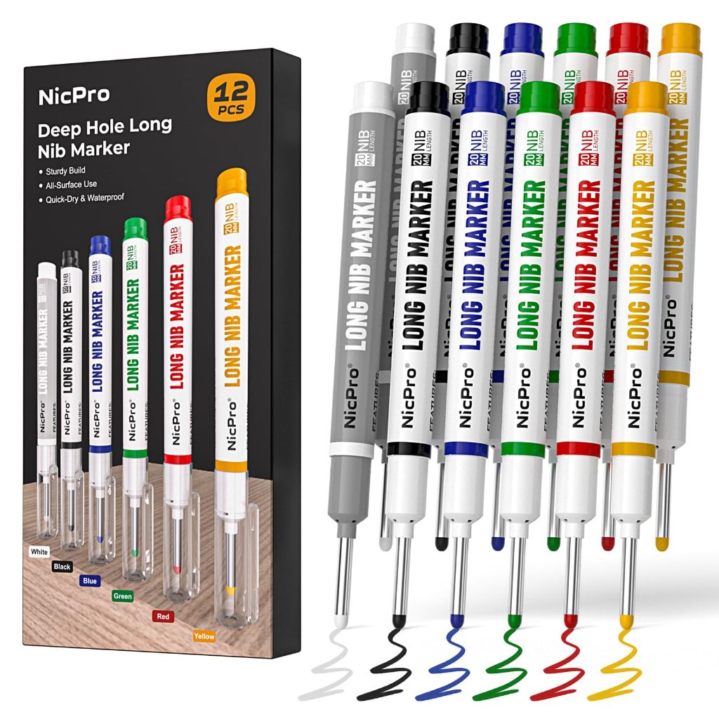 Nicpro ปากกามาร์กเกอร์ Nib ยาว 12 ชิ้น, ปากกามาร์กเกอร์รูลึก 20 มม., ปากกามาร์กเกอร์ก่อสร้างแห้งเร็วและกันน้ํา, ปากกามาร์กเกอร์หัวยาวสําหรับโลหะ, เหล็ก, กระเบื้อง, แก้ว, เครื่องมือทําเครื่องหมายช่างไม้สําหรับ