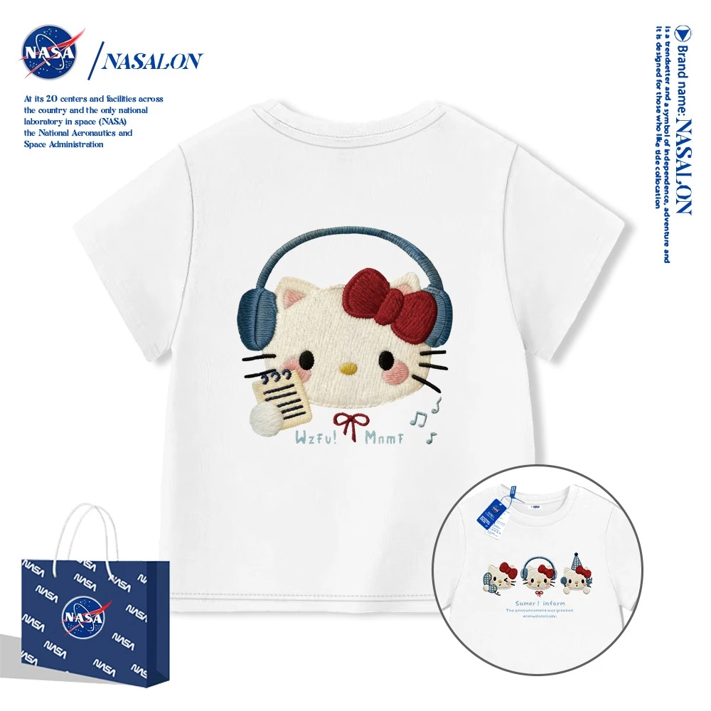 NASA เสื้อยืดเด็ก ลายการ์ตูน Hello Kitty เสื้อแขนสั้นเด็กผู้หญิง ผ้าฝ้าย 100% ระบายอากาศดี คุณภาพดี
