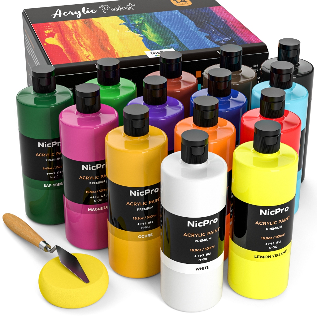 Nicpro 14 สีขนาดใหญ่จํานวนมากชุดสีอะคริลิค (16.59 ออนซ์,500 มล.) Rich Art อุปกรณ์จิตรกรรม, ปลอดสารพิษสําหรับ Multi Surface Rock Canvas Wood Ceramic Leather Fabric Craft, สําหรับผู้ใหญ่ด้วย