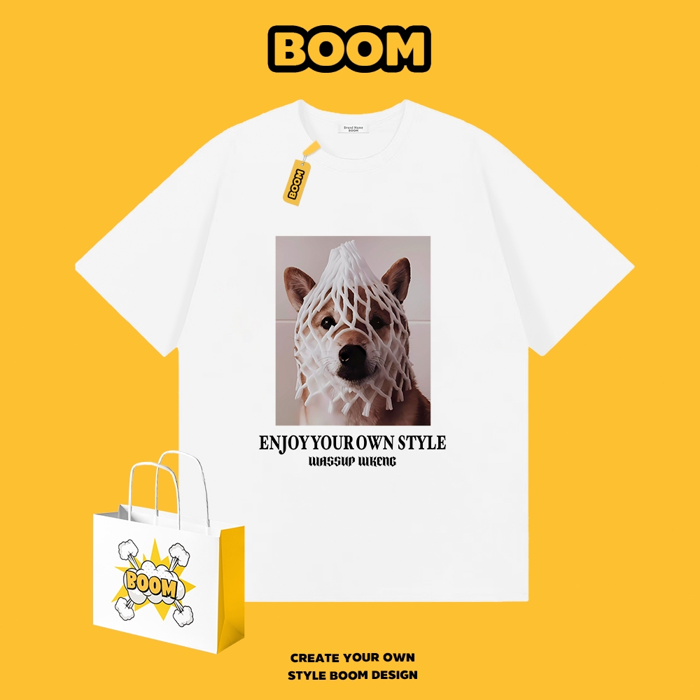 BOOM เสื้อยืดชายหญิงแขนสั้น สีขาว เสื้อยืดแขนสั้น ลายสุนัขน่ารักแปลกๆ ผ้าฝ้าย 100% ระบายอากาศดี