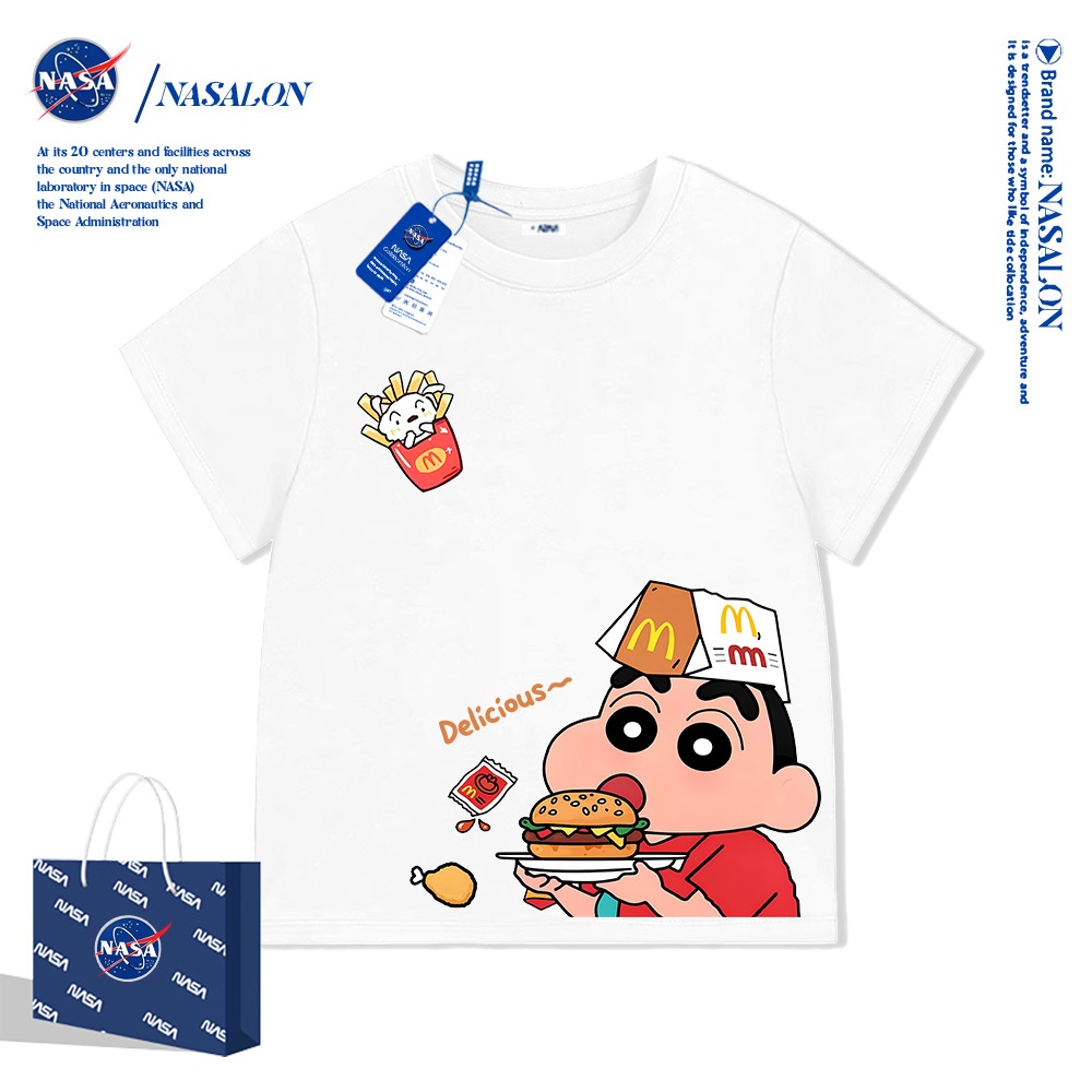 NASA เสื้อยืดเด็ก สีขาว เสื้อยืดแขนสั้นเด็ก ลายการ์ตูนเครยอนชินจัง ผ้าฝ้าย 100% ระบายอากาศดี คุณภาพดี