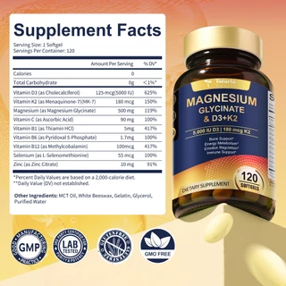 Totaria Magnesium Glycinate อาหารเสริมวิตามิน D3 5000 IU & K2 MK-7, วิตามินซี, วิตามินบีคอมเพล็กซ์, สังกะสี - สุขภาพกระดูก, รองรับภูมิคุ้มกัน, ประสาท & อารมณ์