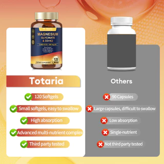 Totaria Magnesium Glycinate อาหารเสริมวิตามิน D3 5000 IU & K2 MK-7, วิตามินซี, วิตามินบีคอมเพล็กซ์, สังกะสี - สุขภาพกระดูก, รองรับภูมิคุ้มกัน, ประสาท & อารมณ์