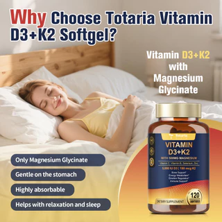 Totaria Magnesium Glycinate อาหารเสริมวิตามิน D3 5000 IU & K2 MK-7, วิตามินซี, วิตามินบีคอมเพล็กซ์, สังกะสี - สุขภาพกระดูก, รองรับภูมิคุ้มกัน, ประสาท & อารมณ์